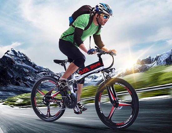 ACP Fold-Up E-Mountain Bike Blue E-Mountain Bike On Road
