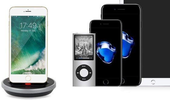 The Chrome And Black Coloured Dual Dock Station Dock Station Audio Speaker With iPad And iPhone Docked