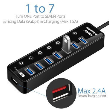 7 Slot USB Charging Hub In Black Plastic