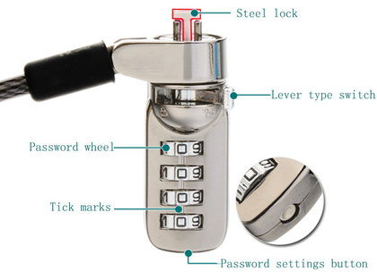 Hoop Styled Lug Laptop Lock Cable Four Digit Laptop Lock Cable With Pass Wheel