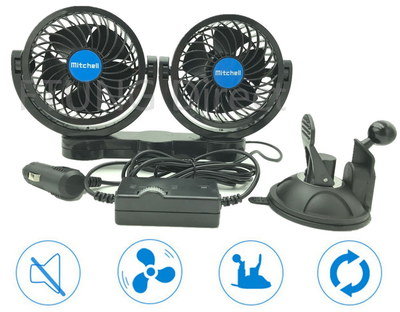 Twin Head 12V Car Fan In Black Exterior