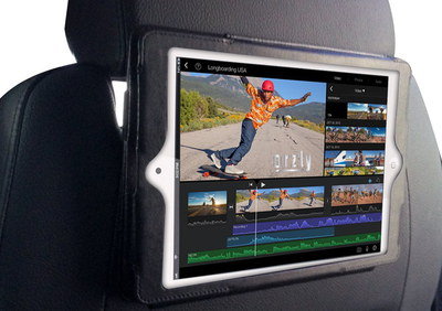 iPad Holder For Car Headrest On Black Leather Seat