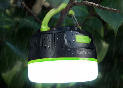 196 Lumens Cool Camping Light In Green LED Cool Camping Light Suspended From Branch