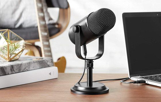 Get The AmazonBasics Now Condenser Mic In Black On Wooden Desk