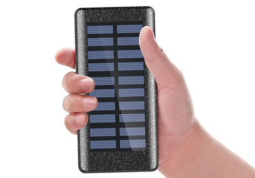Portable Solar Charger Bank In Black In Mans Hand