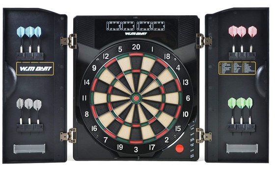 Get The Mighty Now Soft Tip Dartboard With Open Black Cabinet
