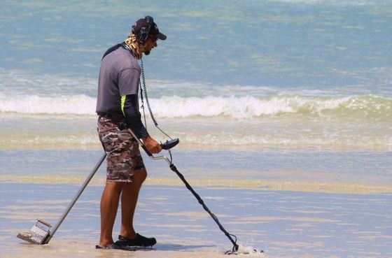 Man Metal Detecting Coins In Water