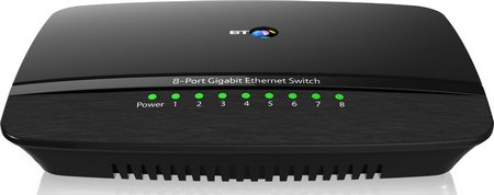 10 x Quicker 8 Port Gigabit Switch With Cable Connect Gigabit Switch With Fast Cable Connect In Black With BT LOGO