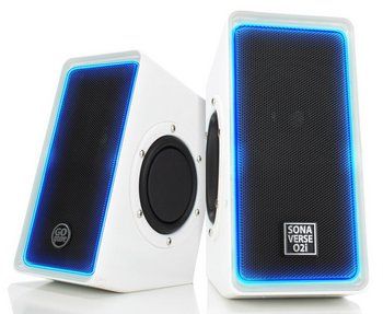 SonaVERSE Showing Blue LED Strips PC Stereo Speakers in White