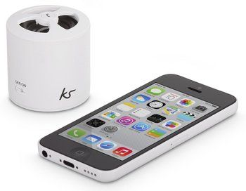 Hands Free PocketBoom Speaker In White With iPhone Beside