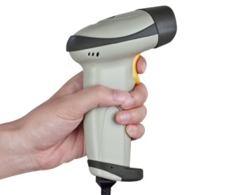 Manual Or Auto Auto USB Barcode Scanner Auto USB Barcode Scanner In White In Man's Hand