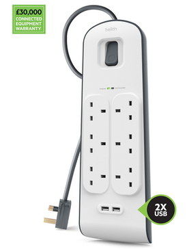 6 Outlets USB Surge Protected Socket Strip With Grey Switch
